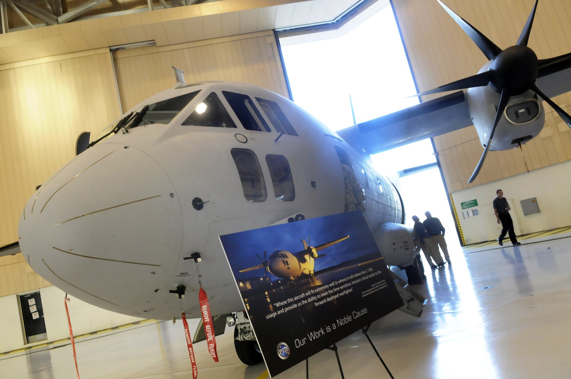 A C-27 sits in the hangar during the C-27J JCA Schoolhouse grand opening ceremony Dec. 9. U. S. Air Force photo by Sue Sapp