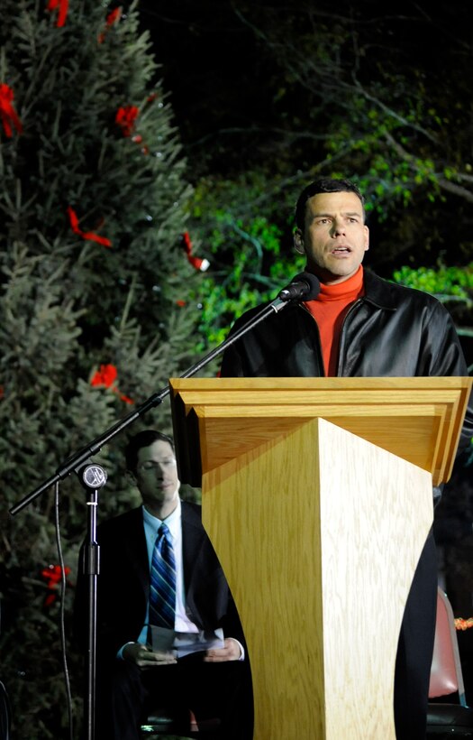 LANGLEY AIR FORCE BASE, Va. — Col. Matt Molloy, 1st Fighter Wing commander, speaks to the families in attendance during the annual tree-lighting ceremony Dec. 9 at the Bethel Manor Chapel.  The tree was purchased by Team Langley members from Maine, and this year, the event coincides with the Year of the Air Force Family. (U.S. Air Force photo/ Senior Airman Dana Hill)