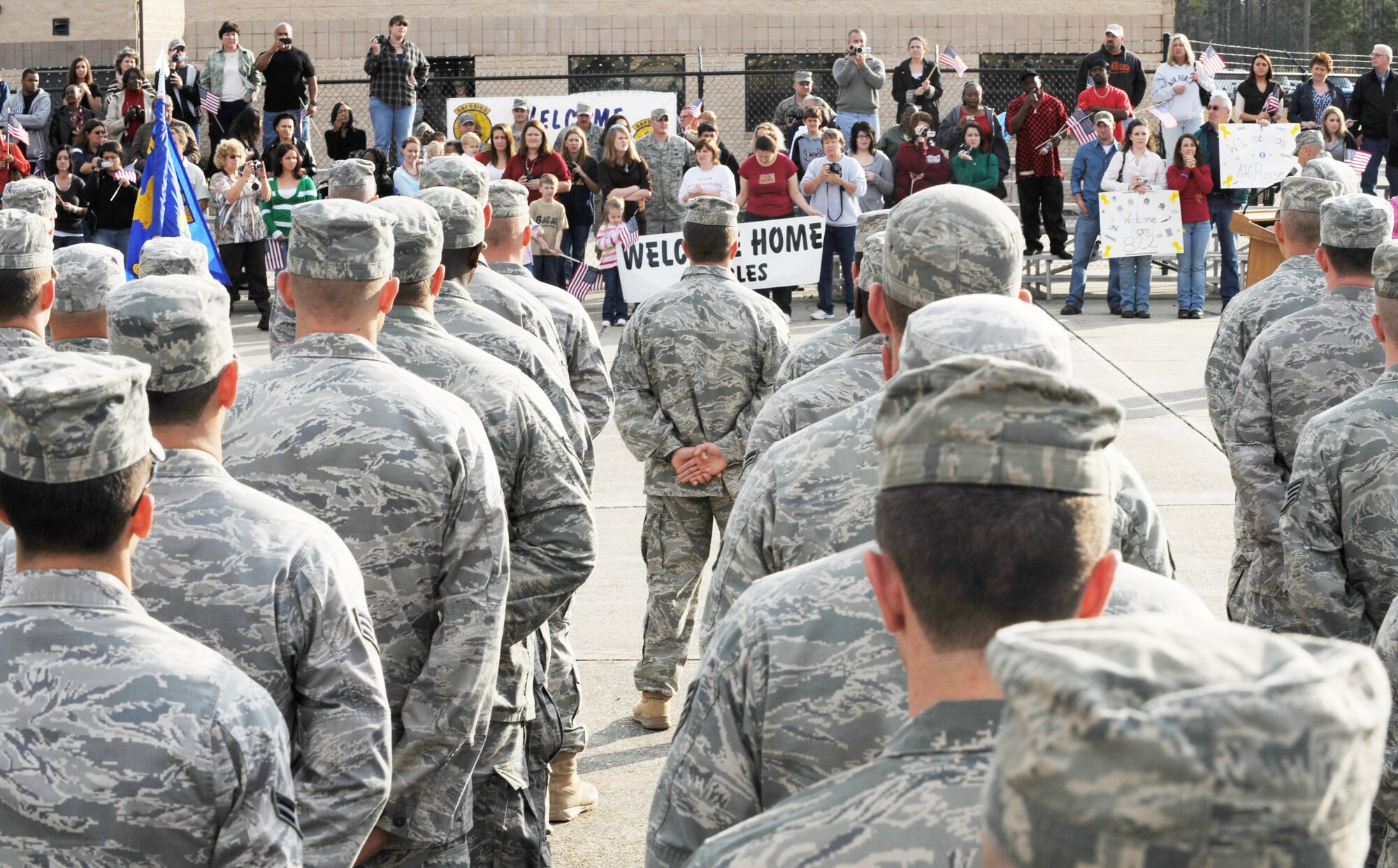 Members of the 822nd Security Forces Squadron stand in formation during a homecoming ceremony Dec. 8, 2009, at Moody Air Force Base, Ga.   About 200 members were deployed for six months to Camp Bucca, Iraq. (U.S. Air Force photo/Airman 1st Class Benjamin Wiseman)