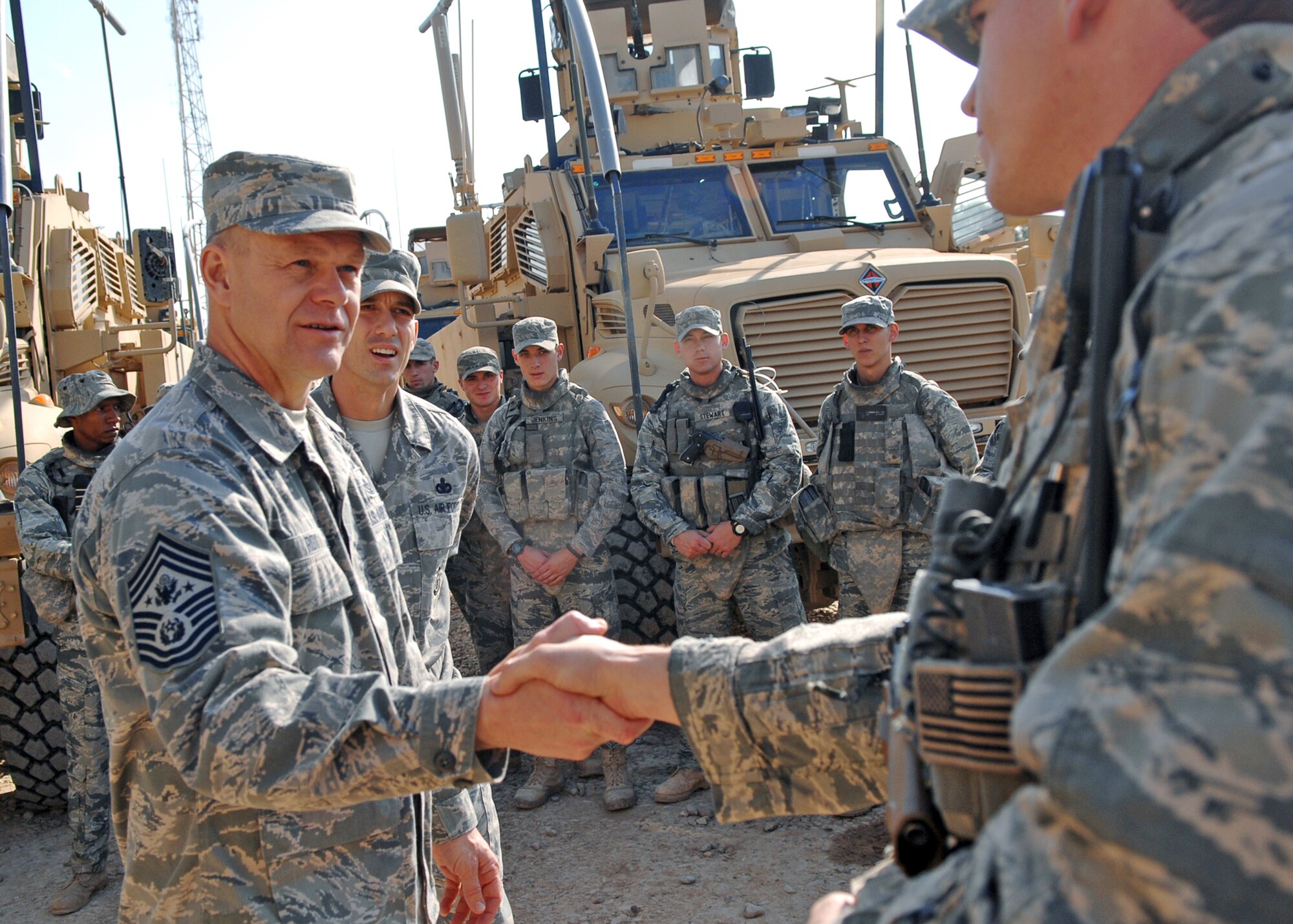 Chief Master Sgt. of the Air Force James A. Roy meets with Airmen during a visit Dec. 4, 2009 to Joint Base Balad, Iraq. The trip was Chief Roy's first visit to JB Balad as the chief master sergeant of the Air Force. The Airmen are from the 532nd Expeditionary Security Forces Squadron. (U.S. Air Force photo/Senior Airman Christopher Hubenthal)
