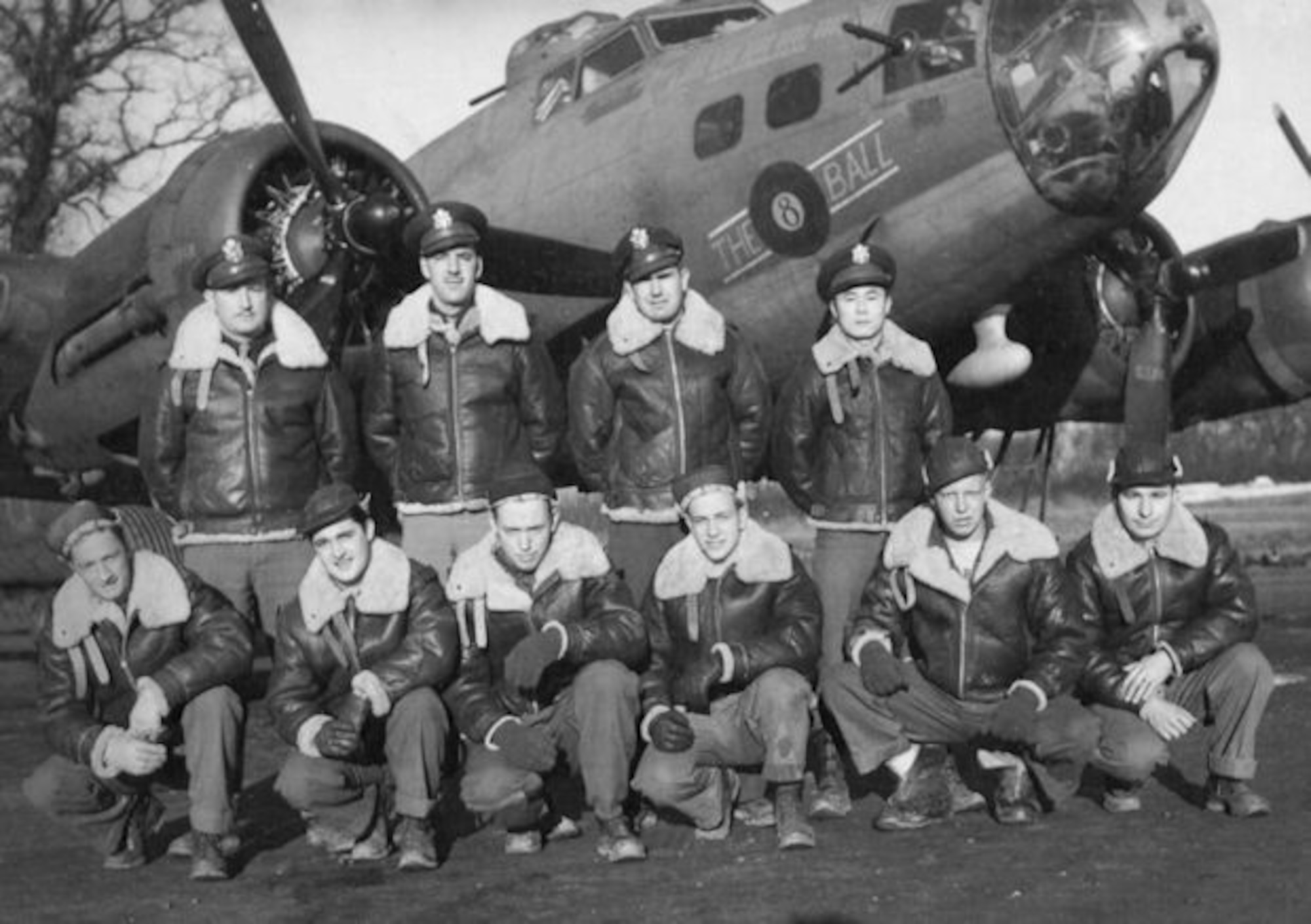 First Lt. Moncur Crew:  BACK 1st Lt. Vern L. Moncur (Pilot), 2nd Lt. James Brooks (Navigator), 2nd Lt. Billy A. Cunningham (Co-Pilot), 2nd Lt. David K.S. Chang (Bombadier) FRONT Tech. Sgt. Robert L. Rosier (Flight Engineer), Tech. Sgt. James S. Andrus (Radio Operator, Staff Sgt. Thomas J. Dickman (Waist Gunner), Staff Sgt. Walter E. Hein (Ball Turret Gunner), Staff Sgt. Richard K. Baer (Tail Gunner), Staff Sgt. Leonard L. Wike (Waist Gunner). (Photo courtesy of 303rd BG Association)