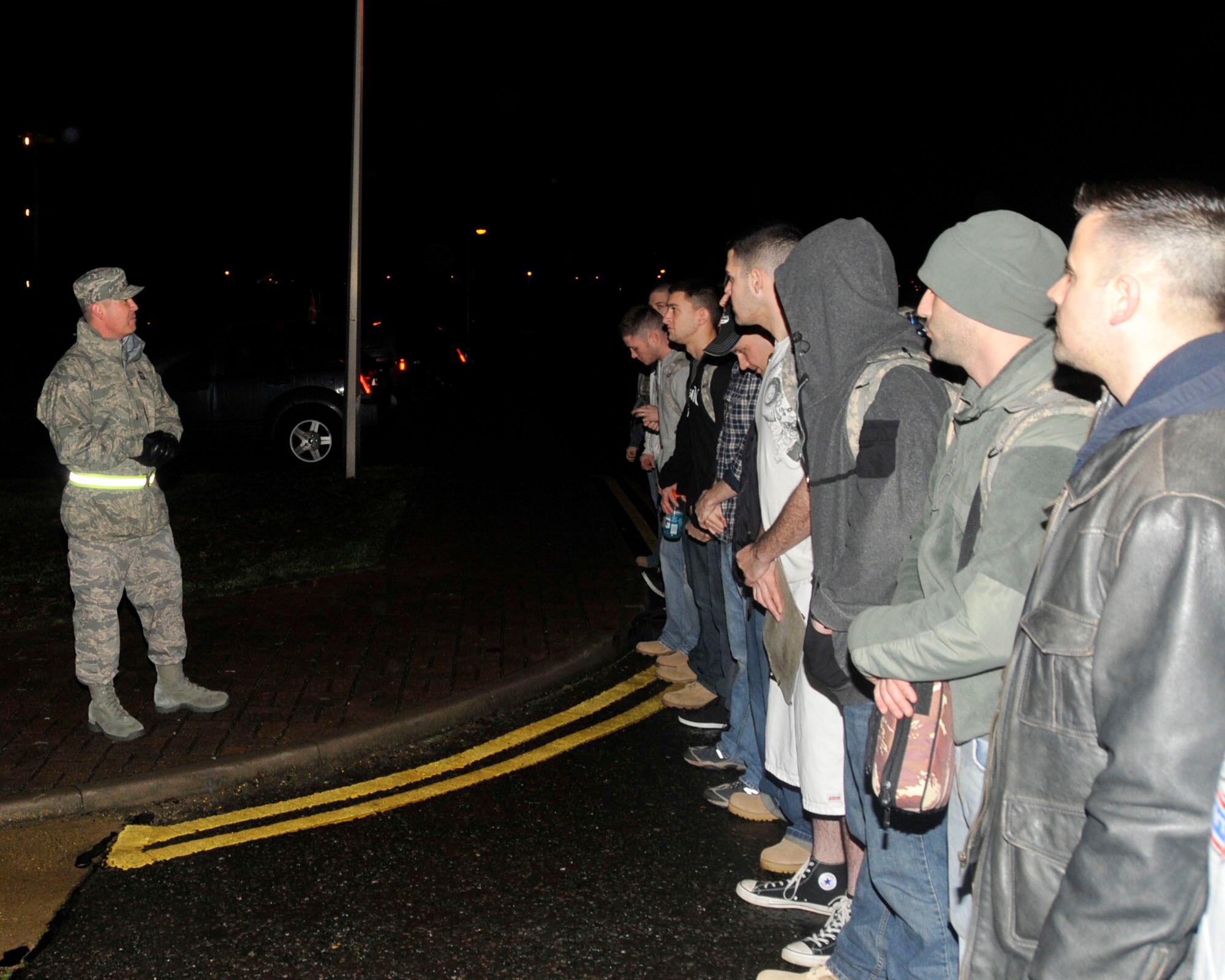 Chief Master Sgt. James Lucas, 48th Fighter Wing command chief, briefs the 48th Security Forces Squadron team members on having a safe and productive deployment in Southwest Asia at RAF Lakenheath, England, Dec. 9.   More than one third of the team’s members are first-time deployers. Other Airmen are deploying for the seventh time.  (U.S. Air Force photo/Airman 1st Class Eboni Knox)