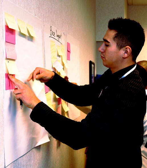 Airman 1st Class Andrew Tilley, 22nd Training Squadron, tacks up the issues he feels are most vital to base support for fellow Airmen to vote on using Air Force Smart Operations for the 21st Century tactics Nov. 9 at the Single Airmen’s Summit here. (U.S. Air Force photo/ Airman 1st Class Natasha E. Stannard)