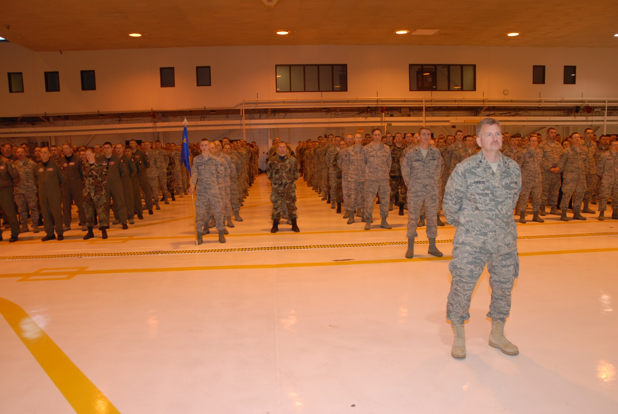Airmen of the 119th Wing stand in formation during the Change of Command Ceremony that took place at the North Dakota Air National Guard on Dec. 5th.  Col. Robert Becklund relinquished command of the 119th Wing to Col. Rick Gibney during the ceremony.