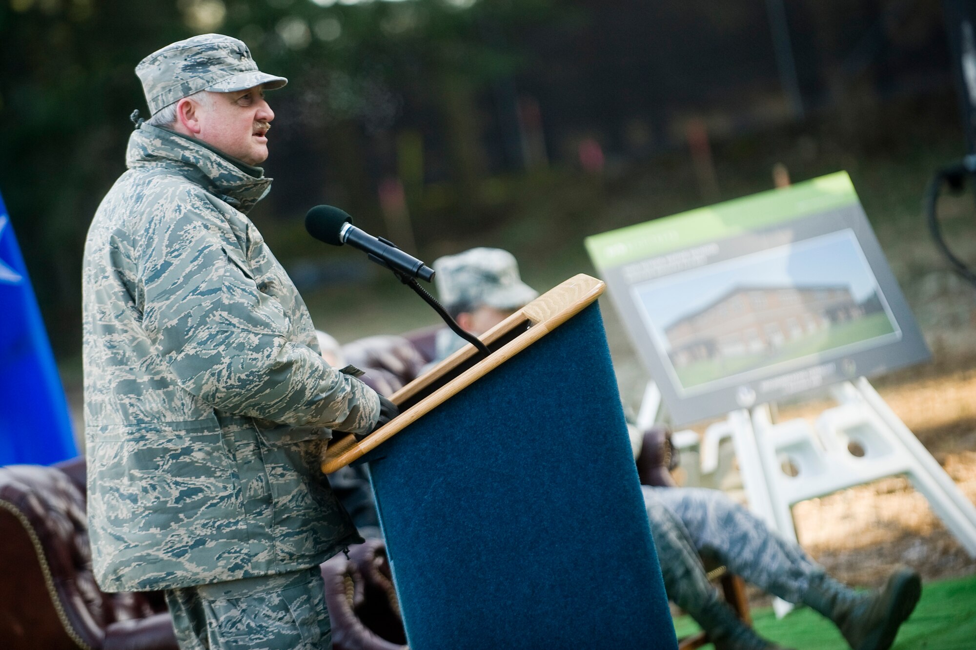 Maj. Gen. Timothy Lowenberg, adjutant general and commander of the Washington National Guard, speaks during a ground breaking ceremony for a new 23,500-square foot facility for the 262nd Network Warfare Squadron Dec. 11. The $5.6 million construction project is scheduled for completion in October 2010. The mission of the 262nd NWS is to train citizen Airmen to provide network warfare capabilities to secure defense information networks and provide full-spectrum cyberspace options to the State of Washington, Air Force Space Command and 24th Air Force. The 262nd NWS is part of the 688th Information Operations Wing at Lackland Air Force Base, Texas.(U.S. Air Force photo/Abner Guzman) 
