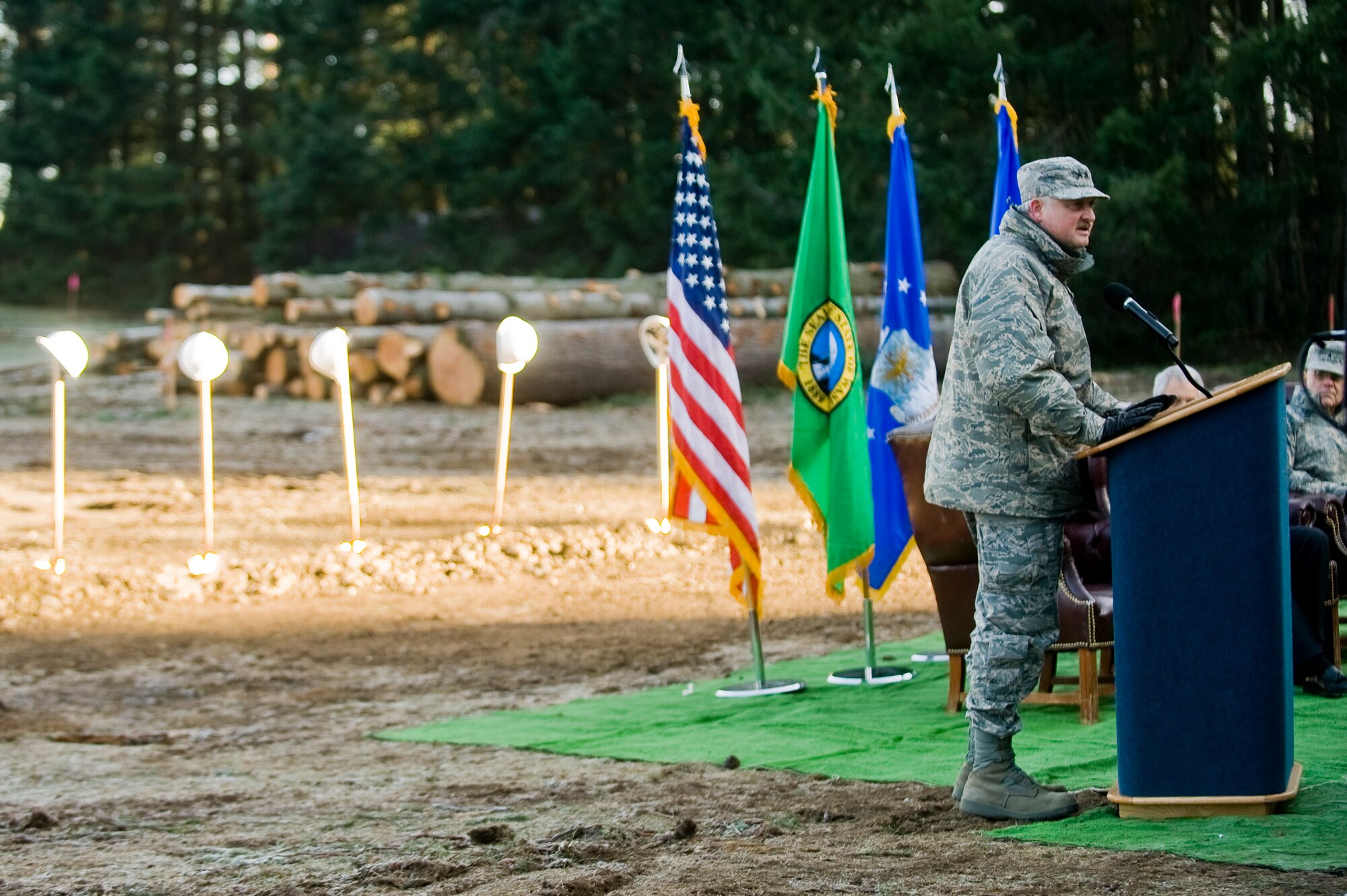 Maj. Gen. Timothy Lowenberg, adjutant general and commander of the Washington National Guard, speaks during a ground breaking ceremony for a new 23,500-square foot facility for the 262nd Network Warfare Squadron Dec. 11. The $5.6 million construction project is scheduled for completion in October 2010. The mission of the 262nd NWS is to train citizen Airmen to provide network warfare capabilities to secure defense information networks and provide full-spectrum cyberspace options to the State of Washington, Air Force Space Command and 24th Air Force. The 262nd NWS is part of the 688th Information Operations Wing at Lackland Air Force Base, Texas.(U.S. Air Force photo/Abner Guzman)

