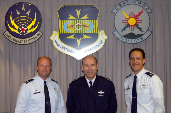 KIRTLAND AIR FORCE BASE, N.M. -- Col. William Reese, 505th Distributed Warfare Group commander, Lt. Gen. William Rew, Air Combat Command vice commander, and Lt. Col. Troy Molendyke, 705th Combat Training Squadron commander, pose for a photo during General Rew's visit Dec. 7. The general shared his vision for adapting the Distributed Mission Operations Center to accommodate degraded environment training. (Air Force photo)
