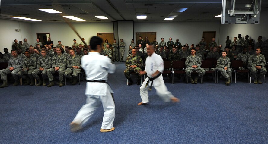 More than 100 Airmen attended a cultural seminar conducted by the Japanese Ministry of Foreign Affairs at Kadena Air Base, Japan on Dec. 11. The seminar concluded with a demonstration of ‘Kobudo,’ an ancient martial arts technique that originated here on Okinawa and is now only practiced by a few. (U.S. Air Force photo/Tech. Sgt. Rey Ramon)