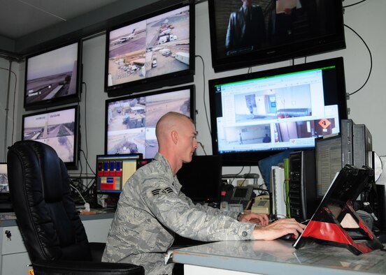 Senior Airman Phillip King, 387th Expeditionary Security Forces Squadron Base Defense Operations Center controller, monitors security camera feeds at an air base in Southwest Asia. As part of the 387th Air Expeditionary Group, the squadron provides installation security for the busiest aerial port of debarkation in the U.S. Central Command theater of operations. Airman Phillips is deployed from Charleston Air Force Base, S.C. and hails from Santa Rosa, Calif. (U.S. Air Force photo/Tech. Sgt. Tony Tolley) 