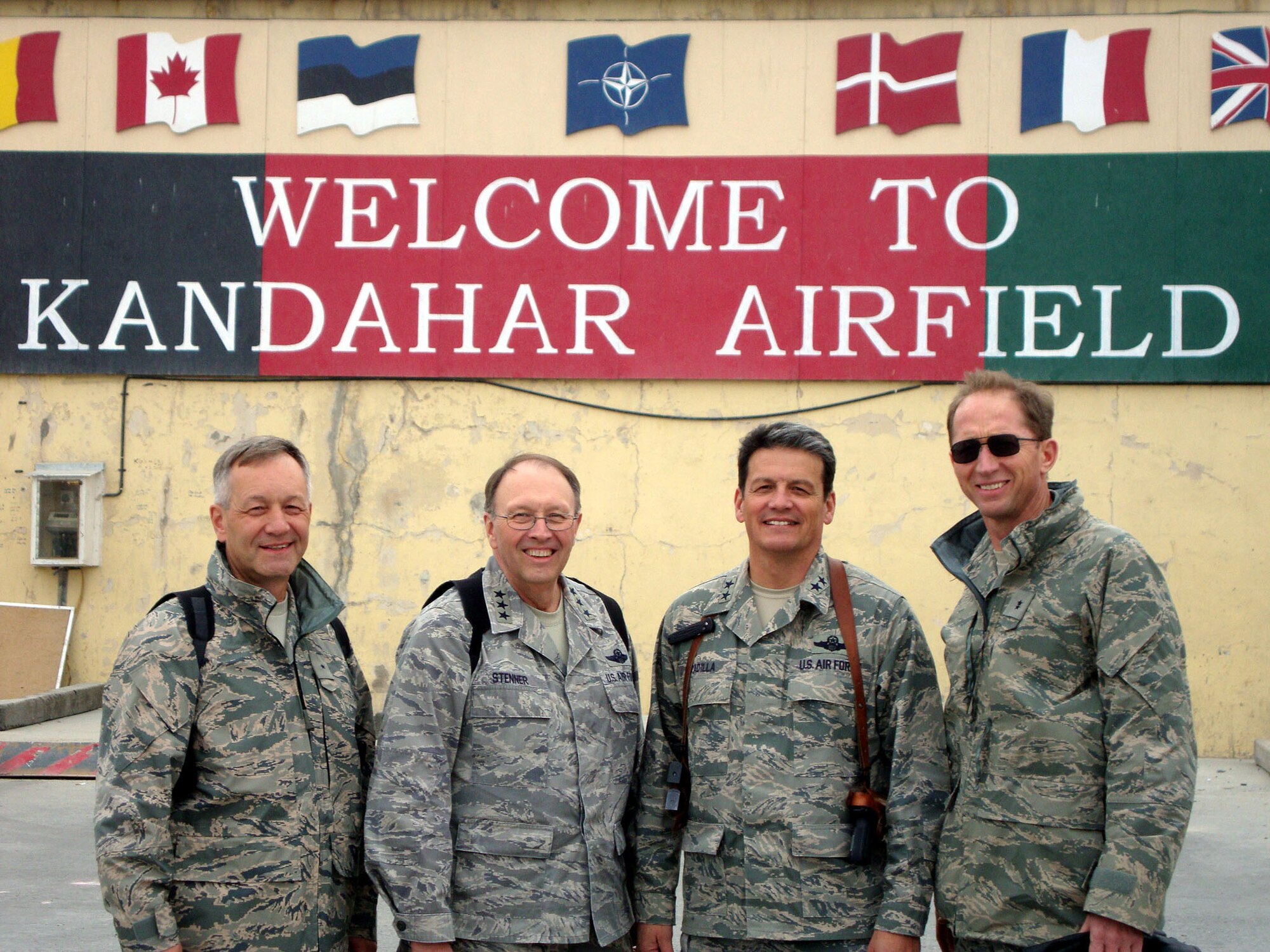 From left, Brig. Gen. Eric Crabtree, 4th Air Force Commander, Lt. Gen. Charles Stenner, Commander, Air Force Reserve Command, Maj. Gen. Frank Padilla, 10th Air Force Commander and Maj. Gen. James Rubeor, 22nd Air Force Commander, at Kandahar Airfield, Afghanistan.  The senior leaders visited with their deployed troops during the Air Force Reserve Command's "Tour for the Troops 2009."  (Courtesy photo)                               