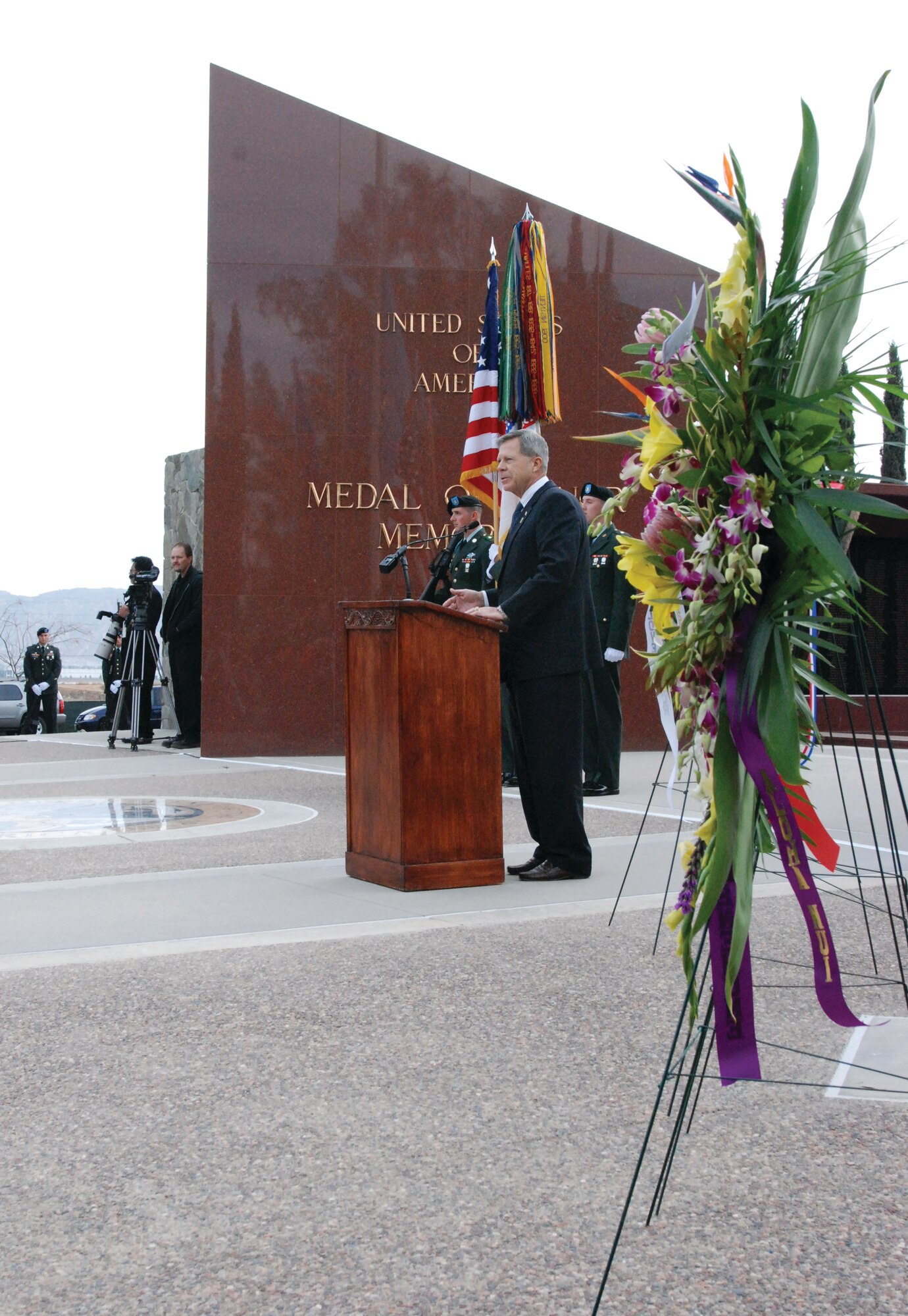 Army Maj. Gen. (Ret.) Roger Brautigan, Secretary of the California Department of Veterans Affairs, speaks at the memorial service for Army Col. (Ret.) Lewis Lee Millett, Sr. at Riverside National Cemetery Dec. 5. Secretary Brautigan articulated the colonel’s heroism and read a letter of sympathy from Gov. Arnold Schwarzenegger. (U.S. Air Force photos by Staff Sgt. Kevin T. Chandler)