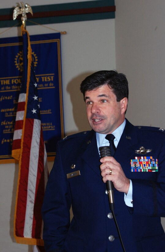 Col. William H. Edwards, Jr., commander of the 932nd Airlift Wing, Air Force Reserve Command, speaks to members of the O'Fallon Rotary during a luncheon held December 7.