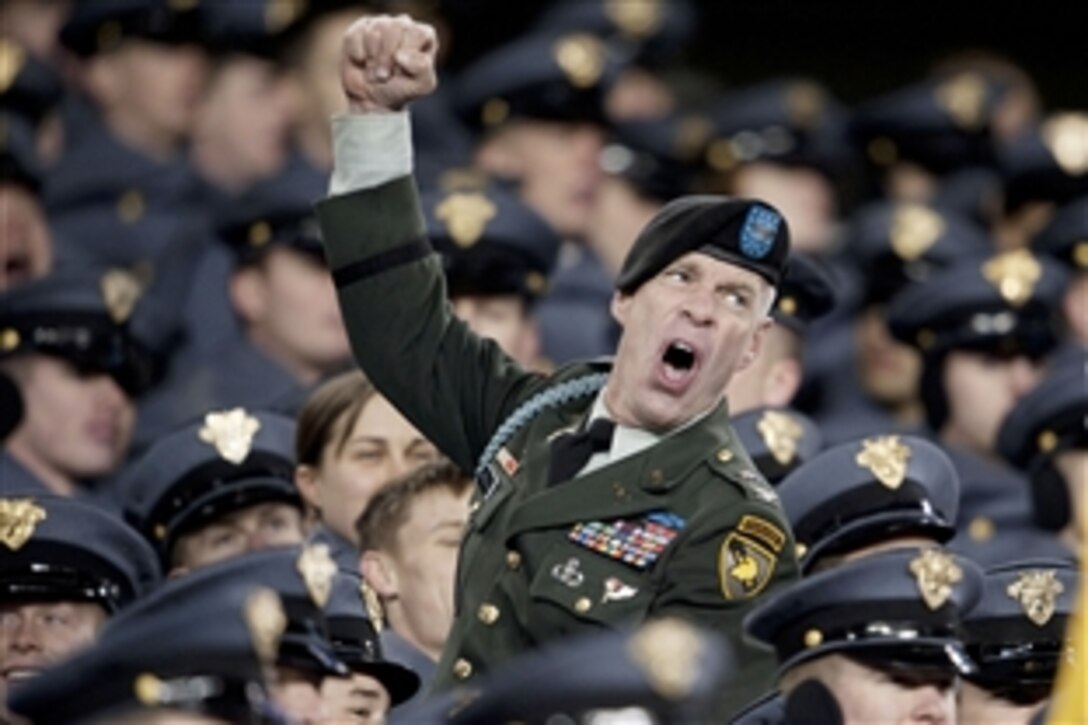 A soldier celebrates during the 110th Army-Navy football game at Lincoln Financial Field in Philadelphia, Dec. 12, 2009. 