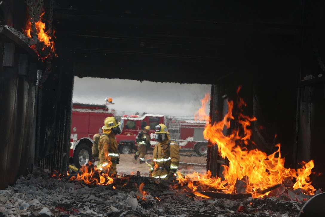 After putting out the inferno, the remaining scraps slowly smolder away. Verdugo Fire Academy, located in Los Angeles County, teamed up with the Miramar Fire Department for flashover training at East Miramar.