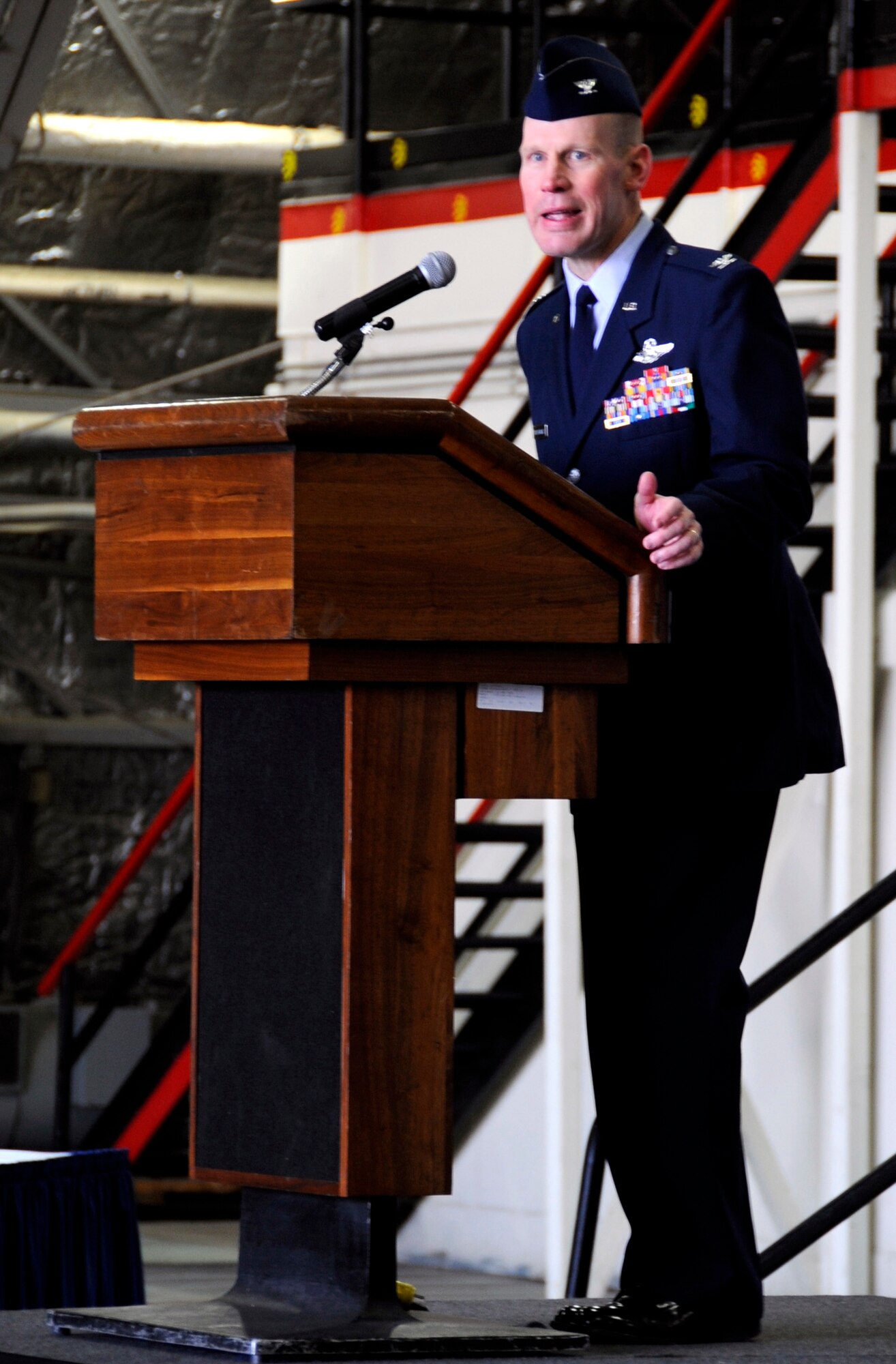 Col. Patrick Malackowski, 51st Fighter Wing Commander, speaks after taking command of the 51st FW Dec. 7 at Osan Air Base, Republic of Korea. 