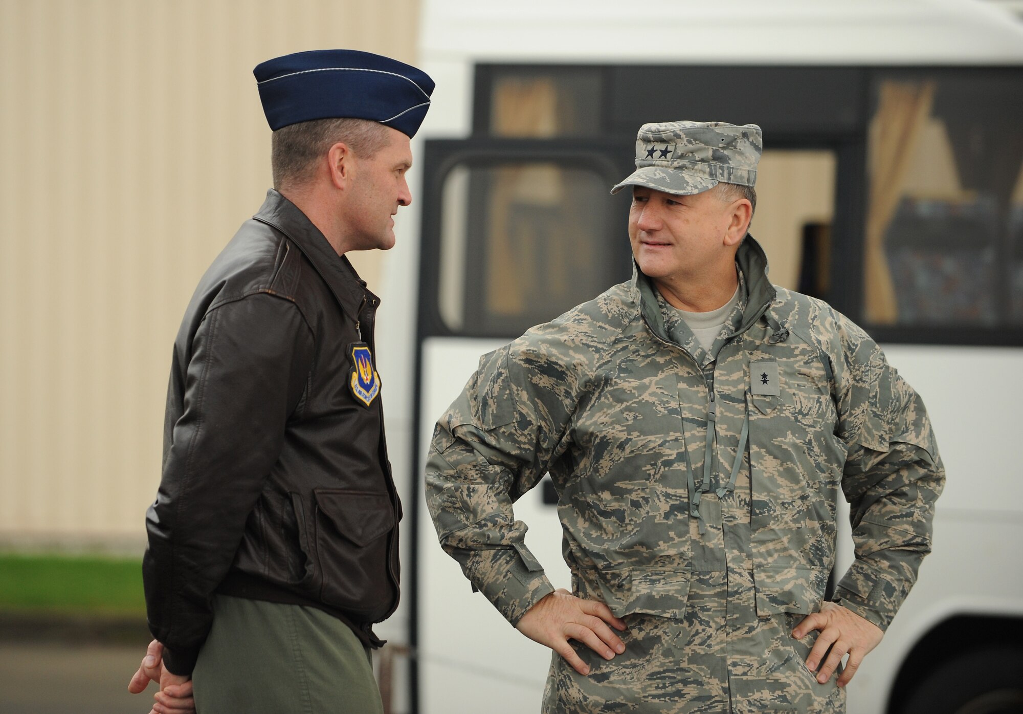 SPANGDAHLEM AIR BASE, Germany -- Maj. Gen. Frederick Roggero, Air Force chief of safety, discusses the Saber Driving Course program with Lt. Col. James Thompson, 52nd Fighter Wing chief of safety, Dec. 11 here. General Roggero reviewed the safety programs and features implemented by the 52nd FW Safety Office. (U.S. Air Force photo/Airman 1st Class Nathanael Callon)