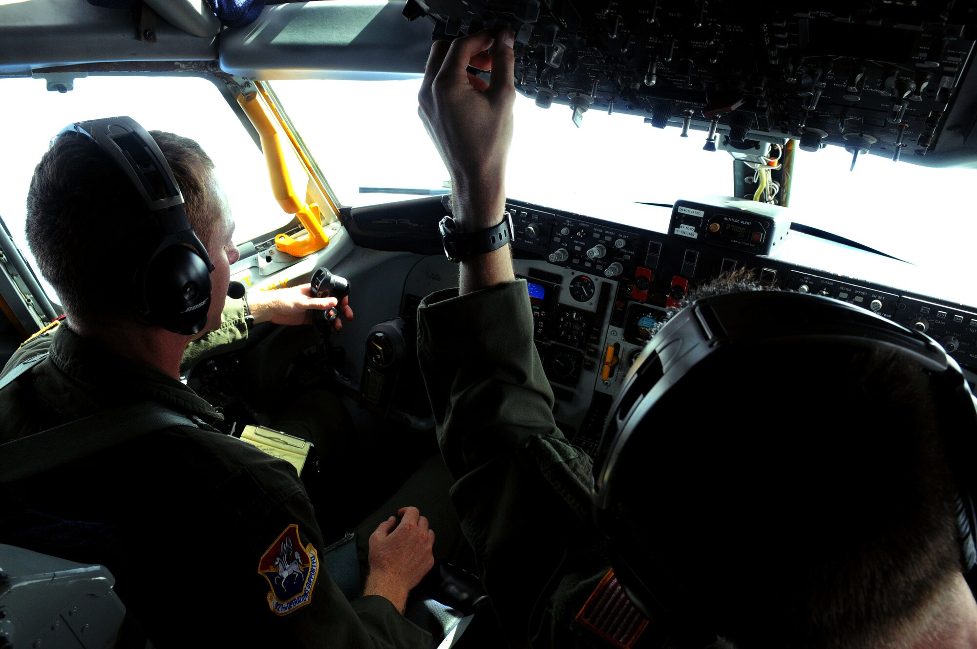 ANDERSEN AIR FORCE BASE, Guam – Capt. Zach Davidson and 1st Lt. Brian Craft, 506th Expeditionary Air Refueling Squadron KC-135 Stratotanker pilots, guide their aircraft and position it in order to begin the aerial refueling of a B-52 Stratofortess over the Pacific Dec. 3rd. The crew was flying and refueling in support of Australia’s East Coast Air Defense Exercise. (U.S. Air Force photo by Airman 1st Class Julian North)