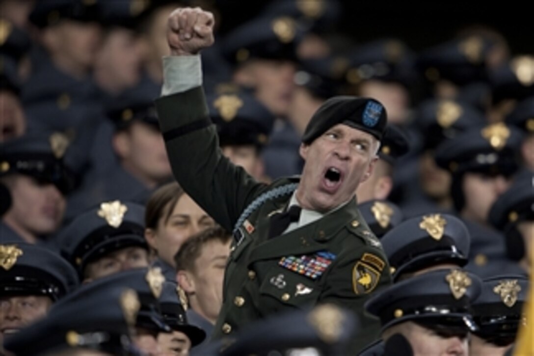 An Army soldier celebrates during the 110th playing of the Army-Navy football game at Lincoln Financial Field, Philadelphia, Pa., on Dec. 12, 2009.  