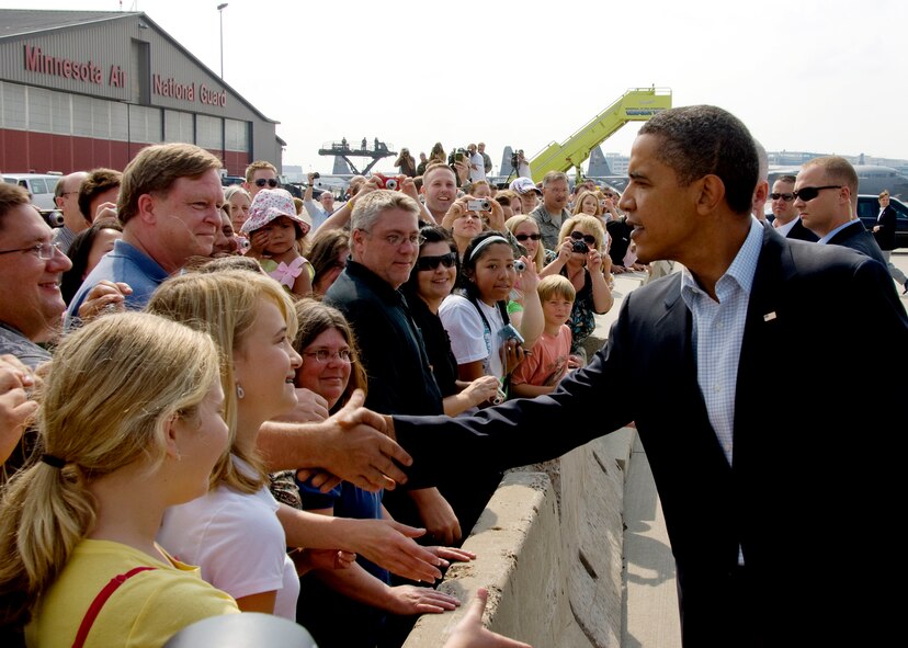 Air Force One brought President Barak Obama to the Air Guard base at the Minneapolis, St. Paul International Airport for a speech in Minneapolis,  and the 133rd Airlift Wing of the Minnesota Air National Guard provided logitical support to the commander in chief. President Obama also took the time to shake hands with 133rd members and their families awating his arrival at the Air National Guard base USAF Official Photo by Tech. Sgt. Erik Gudmundson.