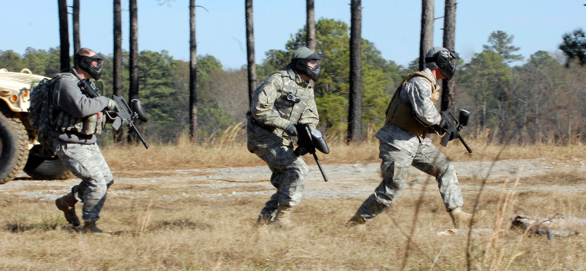 Students simulate clearing a village Dec. 11, 2009 during Patriot 7, a week-long exercise using intelligence, surveillance and reconnaissance to support irregular warfare missions. About 30 Air Force, joint and coalition trainees conducted integrated sensor,
aircraft and counterterrorism training to learn how to make more dynamic decisions on the battlefield. (U.S. Air Force photo/Tech. Sgt. Amaani Lyle)
