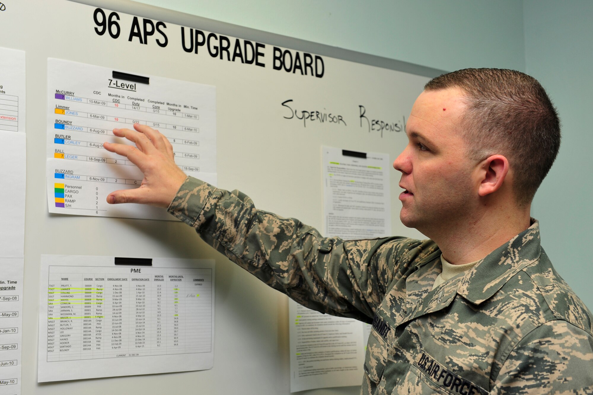 Master Sgt. Jonathan Vansandt, 96th Aerial Port Squadron unit education and training manager, explains the requirements for upgrade illustrated on the upgrade board. Sergeant Vansandt managed two aerial port training exercises, which honed air transportation skills and built member confidence. (U.S. Air Force photo by Airman 1st Class Lausanne Pacheco)