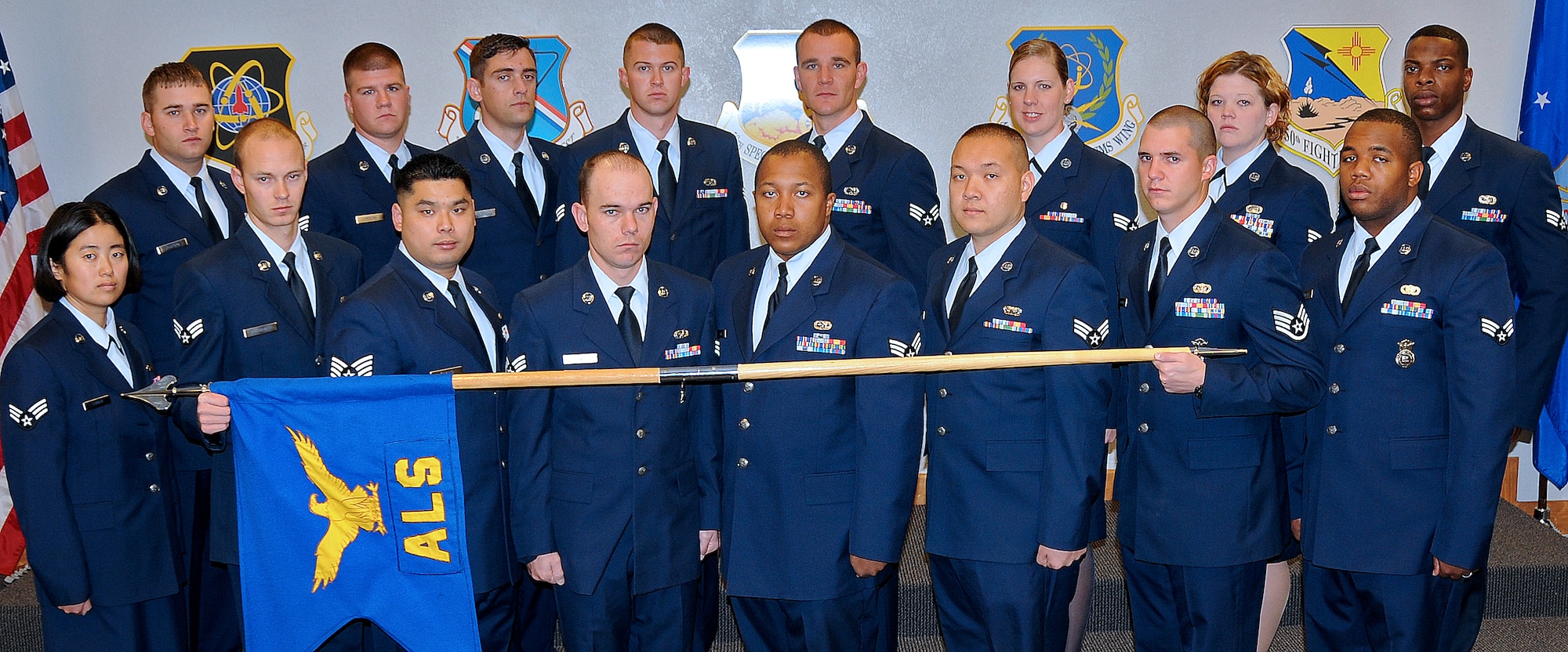 The Kirtland Airman Leadership School graduated Class 10-1 on Nov. 4. The graduates and award recipients are: Staff Sgts. Robert Kramer Jr., 377th Security Forces Squadron (John L. Levitow Award); Alexander Roehm, 377th SFS (Academic Achievement Award); Joseph Zhang, 129th Rescue Wing, Moffett Federal Airfield, Calif.; Senior Airmen Joshua Thompson, 550th Special Operations Squadron (Leadership Award); Jason Chase, 58th Maintenance Operations Squadron (Distinguished Graduate); Ann-Marie Collins, 377th Aerospace Medicine Squadron; Regis Egbon, 377th SFS; Dexter Gore, 898th Munitions Squadron; Jason Hobson, 58th Aircraft Maintenance Squadron; Norris Jamison, 377th SFS; Kyle Kreitinger, 58th AMXS; Joshua Owens, 898th MUNS; Richard Schneider, 58th AMXS; Michyl Tobiason, 58th Special Operations Wing; Dexter Vaughn, 178th Fighter Wing, Springfield Air National Guard Base, Ohio; and Senior Airman Sara Yarian, 58th Maintenance Squadron.
U.S. Air Force Photo by Dennis Carlson
