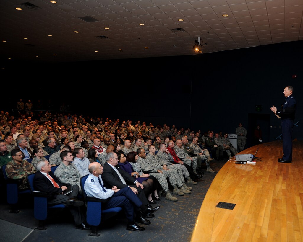 LANGLEY AIR FORCE BASE, Va. -- Gen. William M. Fraser III, Air  Combat Command commander, addresses during an All-Call at the Base Theater here Dec. 15. General Fraser spoke to Langley Airmen about safety, priorities, and the direction of ACC and conducted a question and answer session. (U.S. Air Force photo/Airman Rebecca Montez)
