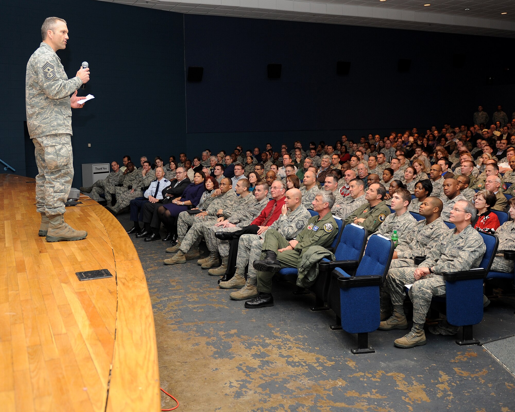 LANGLEY AIR FORCE BASE, Va. – Chief Master Sgt. Martin Klukas, Command Chief for Air Combat Command, addresses Airmen during an All-Call at the Base Theater here Dec. 15. Chief Klukas and Gen. William M. Fraser III, commander of Air Combat Command, spoke to Langley Airmen about safety, priorities, and the direction of ACC. (U.S. Air Force photo/Airman Rebecca Montez)