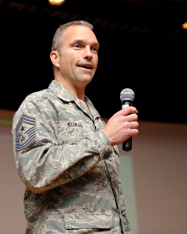 LANGLEY AIR FORCE BASE, Va. – Chief Master Sgt. Martin Klukas, Command Chief for Air Combat Command, introduces himself during an All-Call at the Base Theater here Dec. 15. Chief Klukas and Gen. William M. Fraser III, commander of Air Combat Command, spoke to Langley Airmen about safety, priorities, and the direction of ACC. (U.S. Air Force photo/Airman Rebecca Montez)