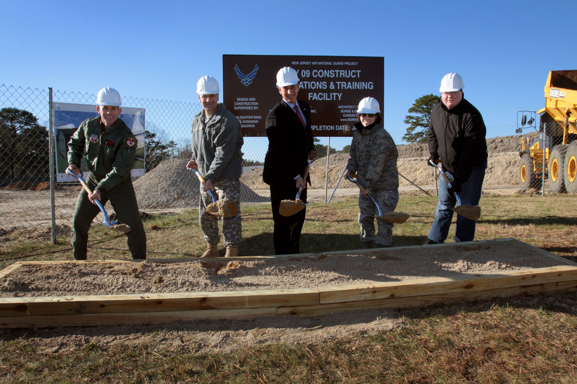 A picture of Col. Robert C. Bolton,177th Fighter Wing commander, Maj. Gen. Glenn K. Rieth, The Adjutant General of New Jersey, Congressman Frank LoBiondo, 2nd District of New Jersey, Maj. Gen. Maria Falca-Dodson, 177FW commander, and Yan Girlya, Sambe Construction Company, Inc. vice president, break ground on the 177th's Operations and Training Facility.