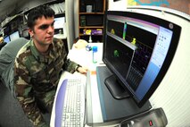 MINOT AIR FORCE BASE, N.D. -- Senior Airman John Read, 5th Operations Support Squadron weather technician, monitors weather conditions for Minot AFB using a next-generation radar here Dec. 14. NEXRAD is a network of 159 high resolution Doppler weather radars that detect precipitation and atmospheric movement. Airman Read is a Virginia Air National Guardsman on a temporary duty assignment from the 192nd Fighter Wing at Langley AFB, Va. (U.S. Air Force photo by Senior Airman Sharida Jackson)