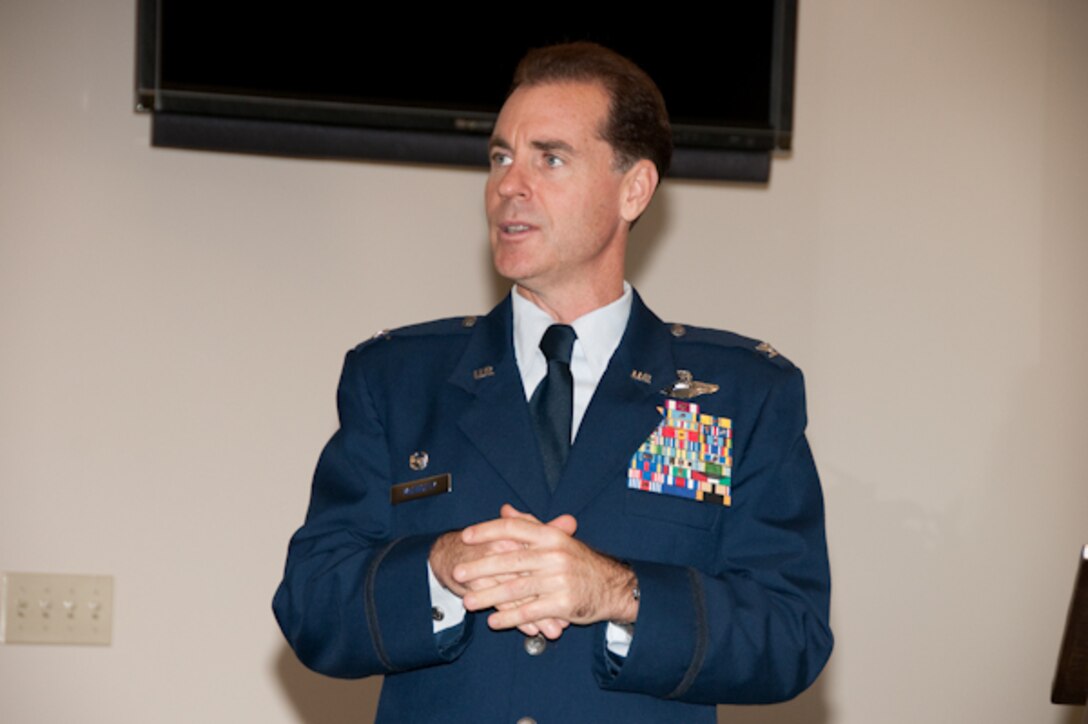 Colonel Michael McEnulty, 139th Airlift Wing commander, speaks at the Airman of the year awards on November 7, 2009 at Rosecrans in St. Joseph Missouri. The competition is held annually and the winners from the wing go on to compete at the state level. (U.S. Air Force photo by Staff Sgt. Michael Crane) (RELEASED)