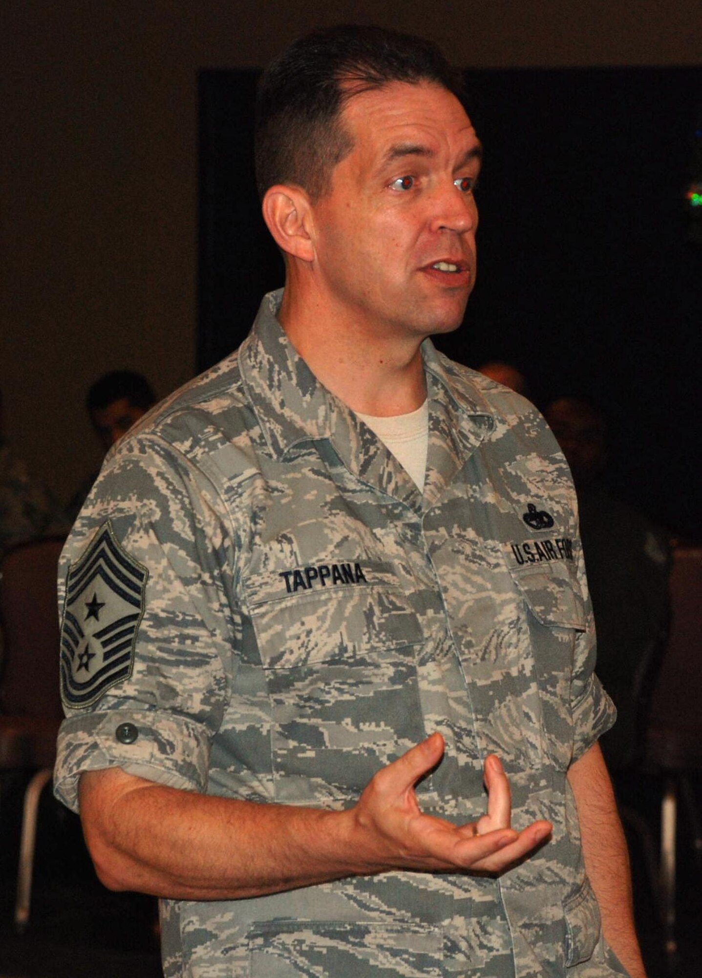 LAUGHLIN AIR FORCE BASE, Texas – Chief Master Sgt. Robert Tappana, command chief master sergeant of Air Education and Training Command, speaks to a large group of Laughlin’s enlisted members at Club Amistad here Dec.3. Some topics Chief Tappana covered were the Air Force’s new physical training program and current deployment operations. (U.S. Air Force photo by Airman 1st Class Blake Mize)