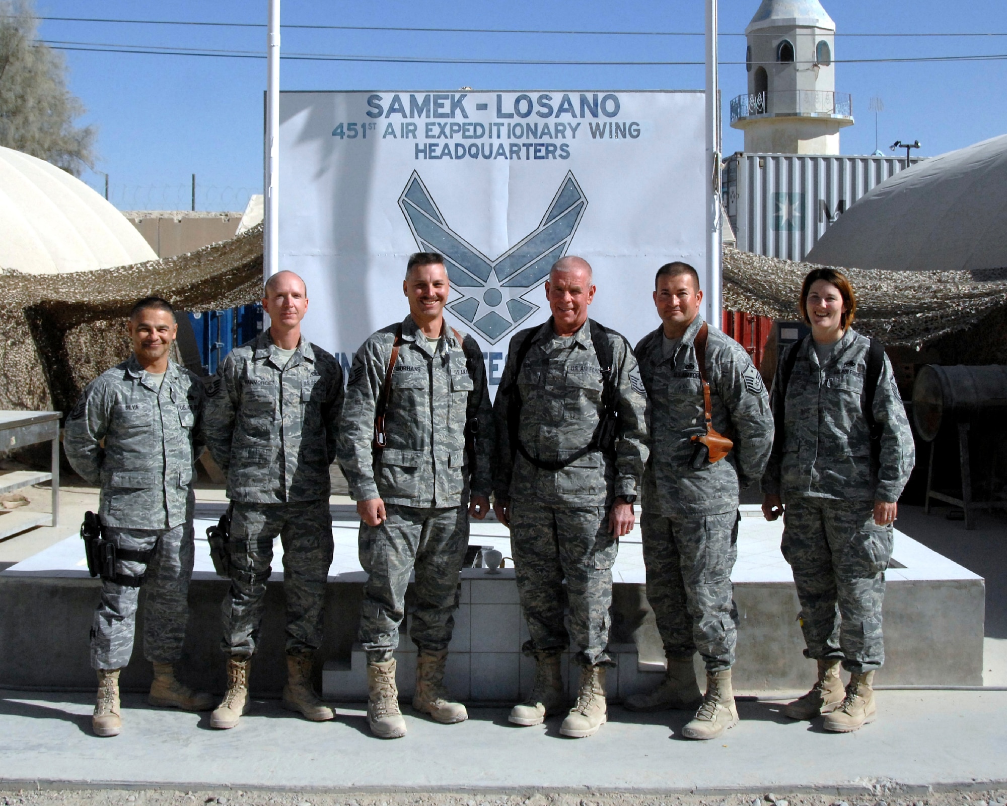 (Right) From left to right: Master Sgt. TJ Silva, Master Sgt. John VanVorce, Master Sgt. Doug Burhans, Master Sgt. Doug Evans, Master Sgt. Jose Silva, Master Sgt. Wenesday Traylor
