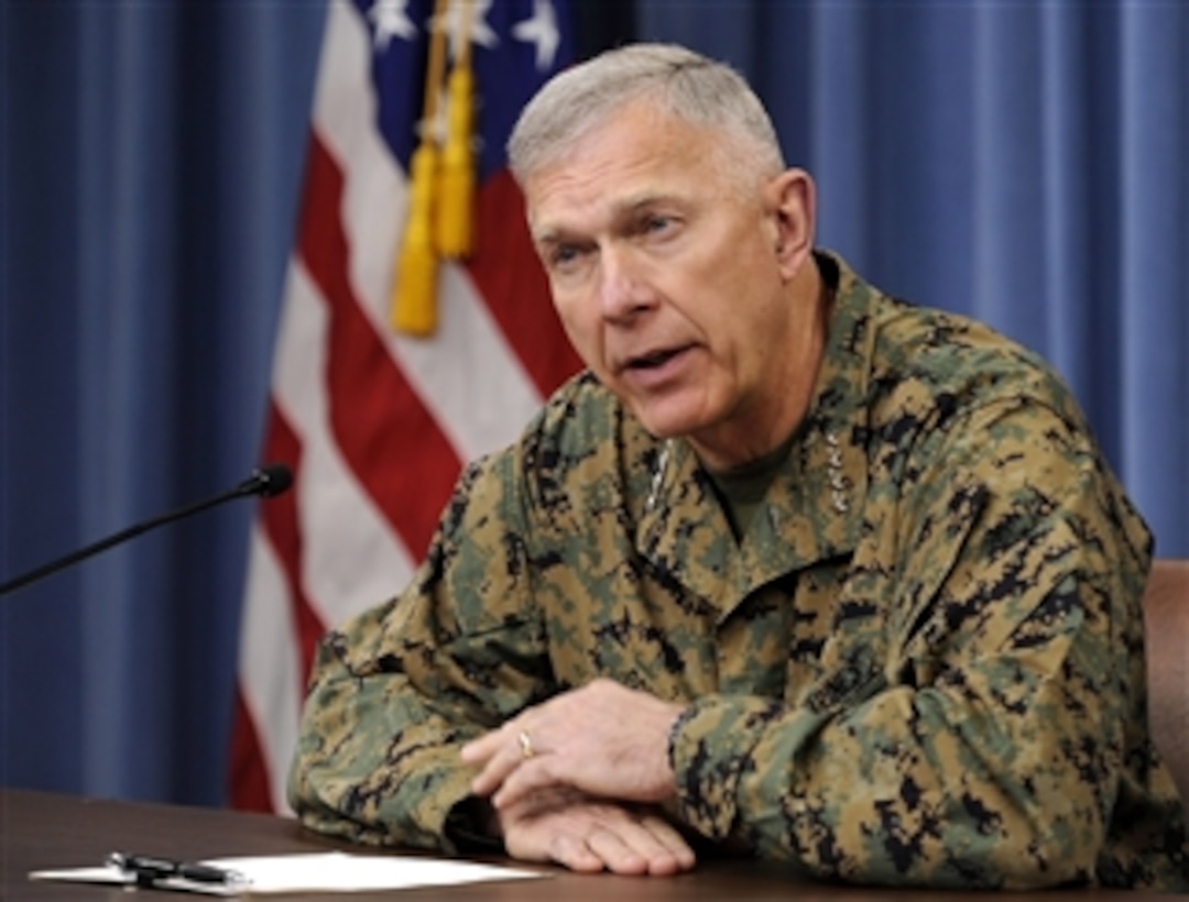 Commandant of the Marine Corps Gen. James T. Conway briefs the press on current Marine deployments in the Pentagon, Arlington, Va., on Dec. 15, 2009.  
