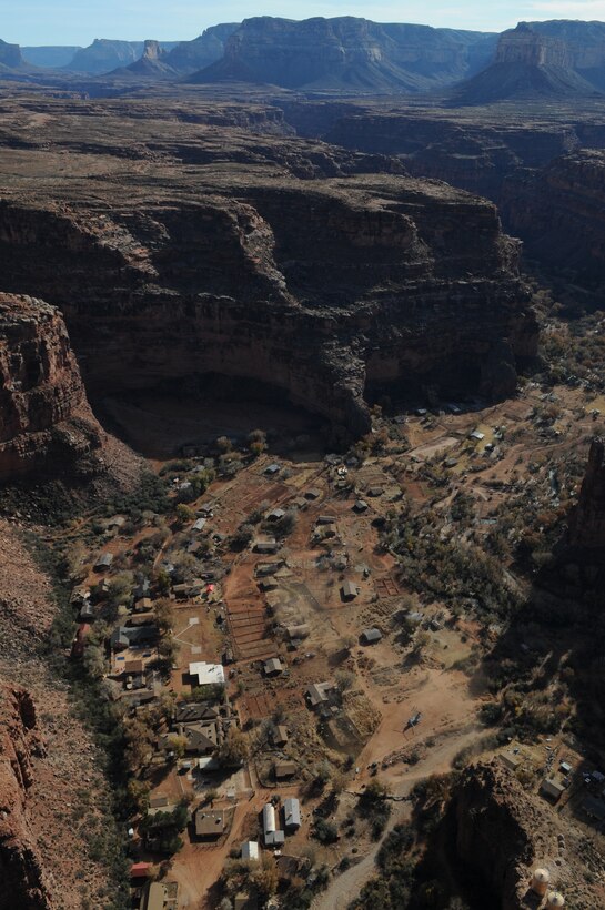 A CH-46 Sea Knight helicopter from Marine Medium Helicopter Squadron 764 lands in Supai, Ariz., the isolated home of the Havasupai tribe within the Grand Canyon, in order to deliver donated toys and food Dec. 15, 2009. For 14 years, the reserve squadron, based at Edwards Air Force Base north of Los Angeles, has flown toys to the village's children for Christmas.