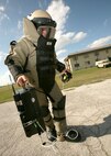 Staff Sgt. Scott Cameron sets up a portable X-ray to look inside a homemade bomb during an explosive ordnance disposal training exercise Nov. 23. Sergeant Cameron, 37th Civil Engineer Squadron, is wearing a bomb disposal suit made of Kevlar, and designed to protect a body from a blast within arms reach. (U.S. Air Force photo/Robbin Cresswell)