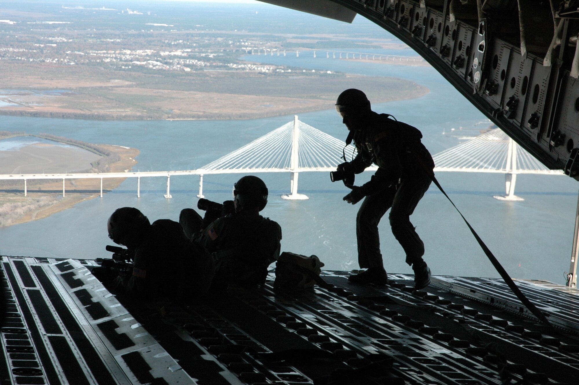 Civic leaders were flown over downtown Charleston with the cargo doors open giving them a bird's eye view of the holy city on Dec. 16, 2009. (U.S. Air Force photo/Tech. Sgt. Jeff Kelly)
