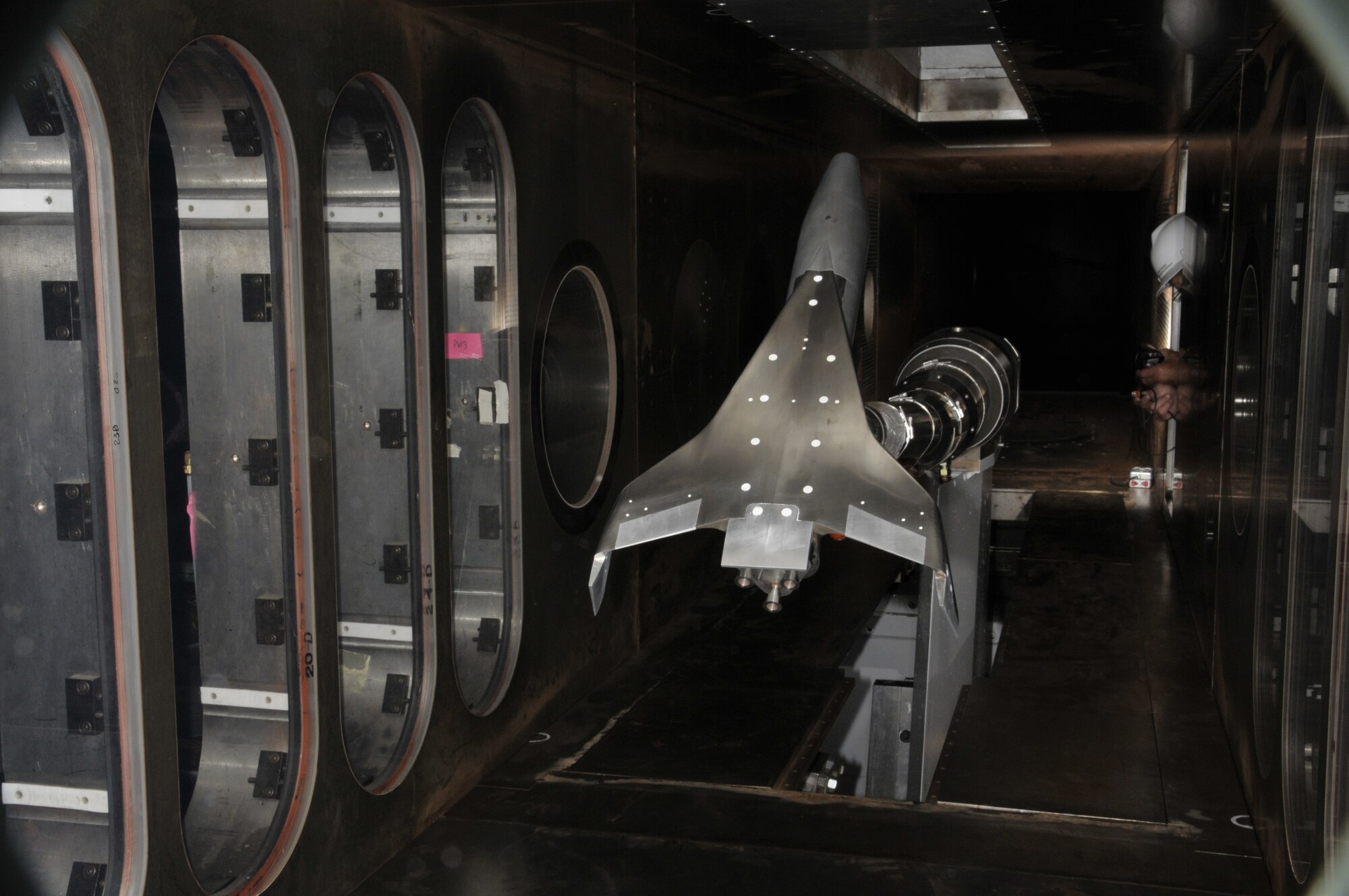 A 4-percent model of the Fully-Reusable Access to Space Technology proof-of-concept launch vehicle underwent aerodynamic testing in AEDC’s von Kàrmàn Gas Dynamics Facility (VKF) Supersonic Wind Tunnel A. (Photo by David Housch) 