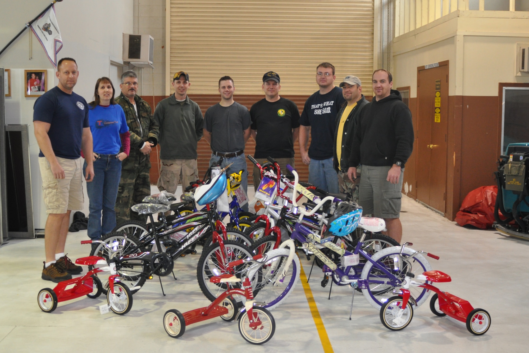 The 917th Aircraft Maintenance Squadron’s jet engine shop on Barksdale Air Force Base, La., volunteered their time and money by purchasing and assembling children’s bicycles for the Santas in Blues program, which is a base-sponsored program designed to bring Christmas to underprivileged foster children in the Caddo, Bossier, Webster and De Soto parishes. Children are sponsored by Airmen volunteering in their “blues” uniform and presented a gift at one of the program-sponsored Christmas parties. All together, donations have totaled up to $6,243.03. (U.S. Air Force photo/Senior Airman Crystal Marie Jordan)