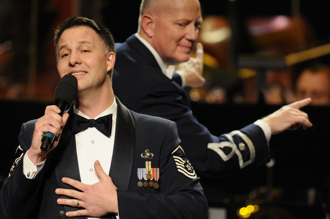 Master Sgt. Bradley Bennett, a member of The Singing Sergeants, dazzles the audience with “What’s this?” from “The Nightmare before Christmas”.  This year’s holiday program, “Hooray for Holidays”, took place at Daughter’s of the American Revolution Constitution Hall in Washington, D.C., and featured holiday music from stage, television and movies.  (Photo by SrA Tim Chacon)