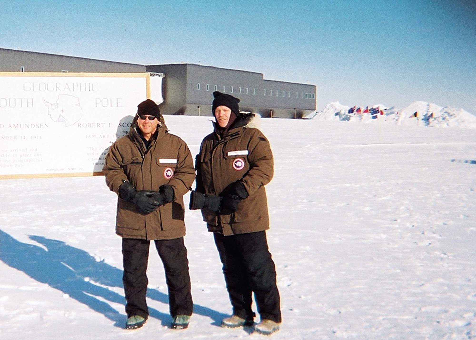 From left, Air Force Col. Mike McDonald, commander of the Air National Guard Readiness Center; and Chief Master Sgt. Christopher Muncy, command chief of the Air Guard stand outside the newly-constructed Amundsen-Scott South Pole Station in Antarctica Dec. 10. Muncy visited the Airmen across that frozen continent and in Christchurch, New Zealand, to gain a better understanding of their missions in Operation Deep Freeze.