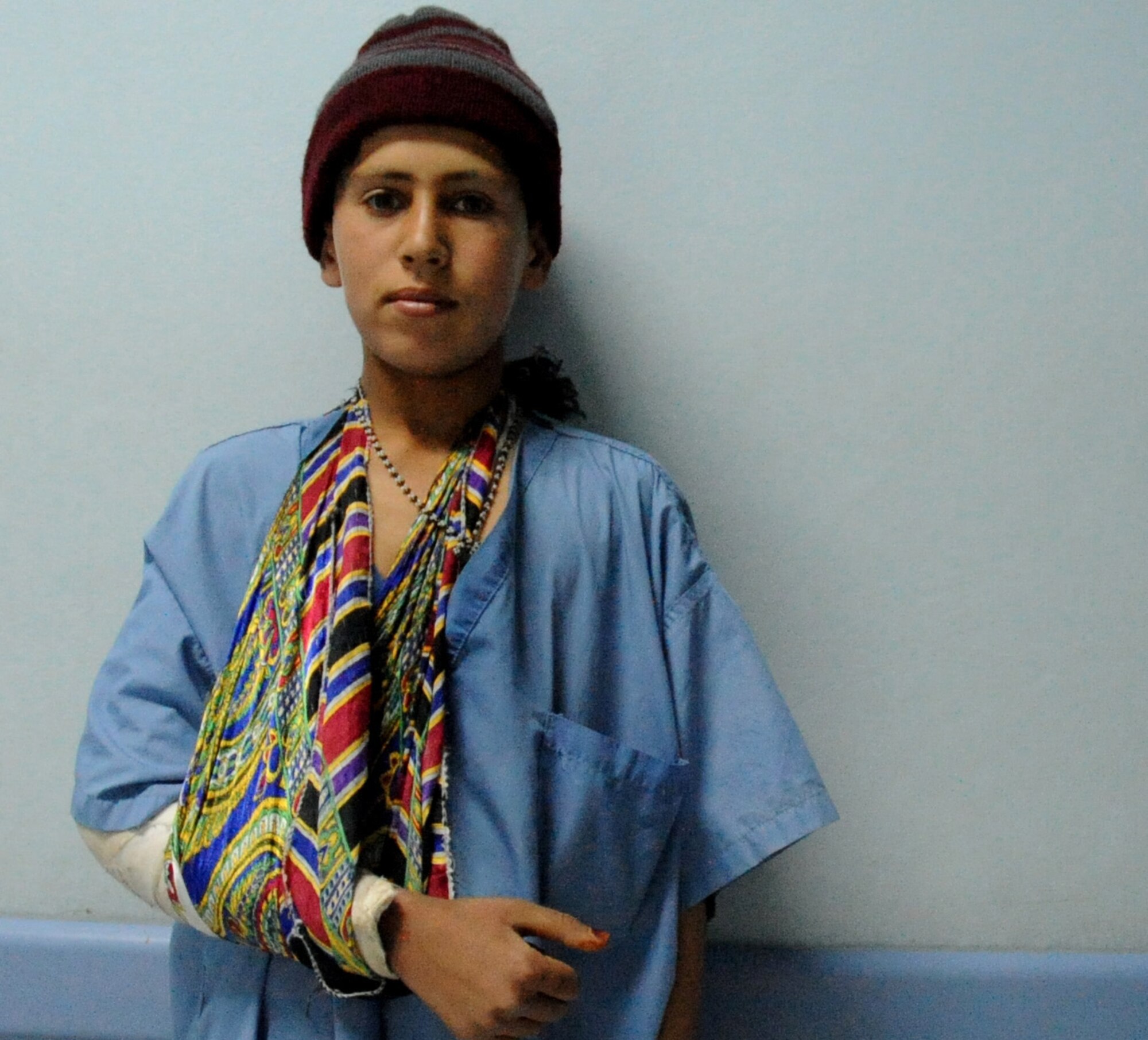 Paktya Province, Afghanistan--An Afghan child stands in the 203rd Corps Paktya Regional Military Hospital Dec. 14 after receiving medical attention from the Women's and Children's Clinical staff. The clinic initiated Dec. 7. Its goal is to provide Afghan National Security Forces families with medication, prescriptions, immunizations and health education. (U. S. Air Force photo/Senior Airman Evelyn Chavez)