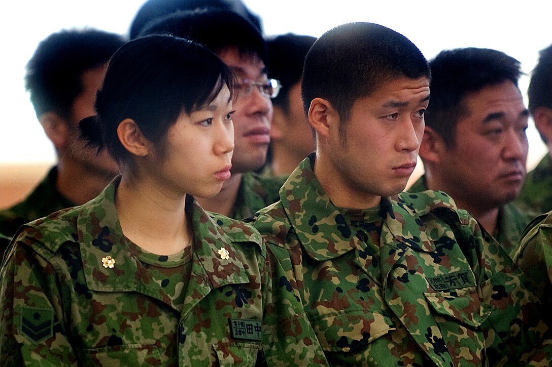 Japanese soldiers that recently concluded the Yama Sakura 57 combined exercise listen to U.S. Army Chief of Staff Gen. George W. Casey Jr. who is visiting Camp Higashi-Chitose, Japan, Dec. 16, 2009.  Casey visited American and Japanese soldiers and thank edthem for their service.