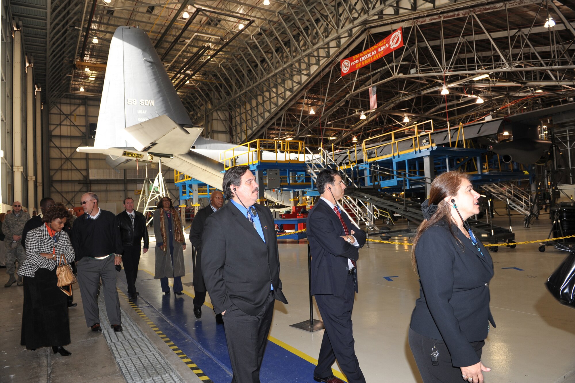 Community leaders from the 21st Century Partnership and the Warner Robins Chamber of Commerce tour the C-130 High Velocity Maintenance process facility. U. S. Air Force photo by Ray Crayton Jr