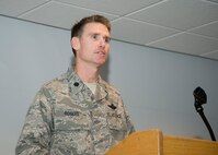 Lt. Col. H.E. "Destry" Rogers, new commander of the 5th Special Operations Squadron, makes remarks during the unit's change of command ceremony Dec. 4 at Hurlburt Field.  Aircrews of the 5th SOS, a 919th Special Operations Wing unit, participate as instructors in the active duty mission of the Air Force Special Operations Training Center at Hurlburt Field aboard U-28 aircraft and in rotary and fixed-wing aircraft in AFSOTC’s Combat Aviation Advisor program.  Colonel Rogers replaced Lt. Col. Reid Henley. (U.S. Air Force photo)