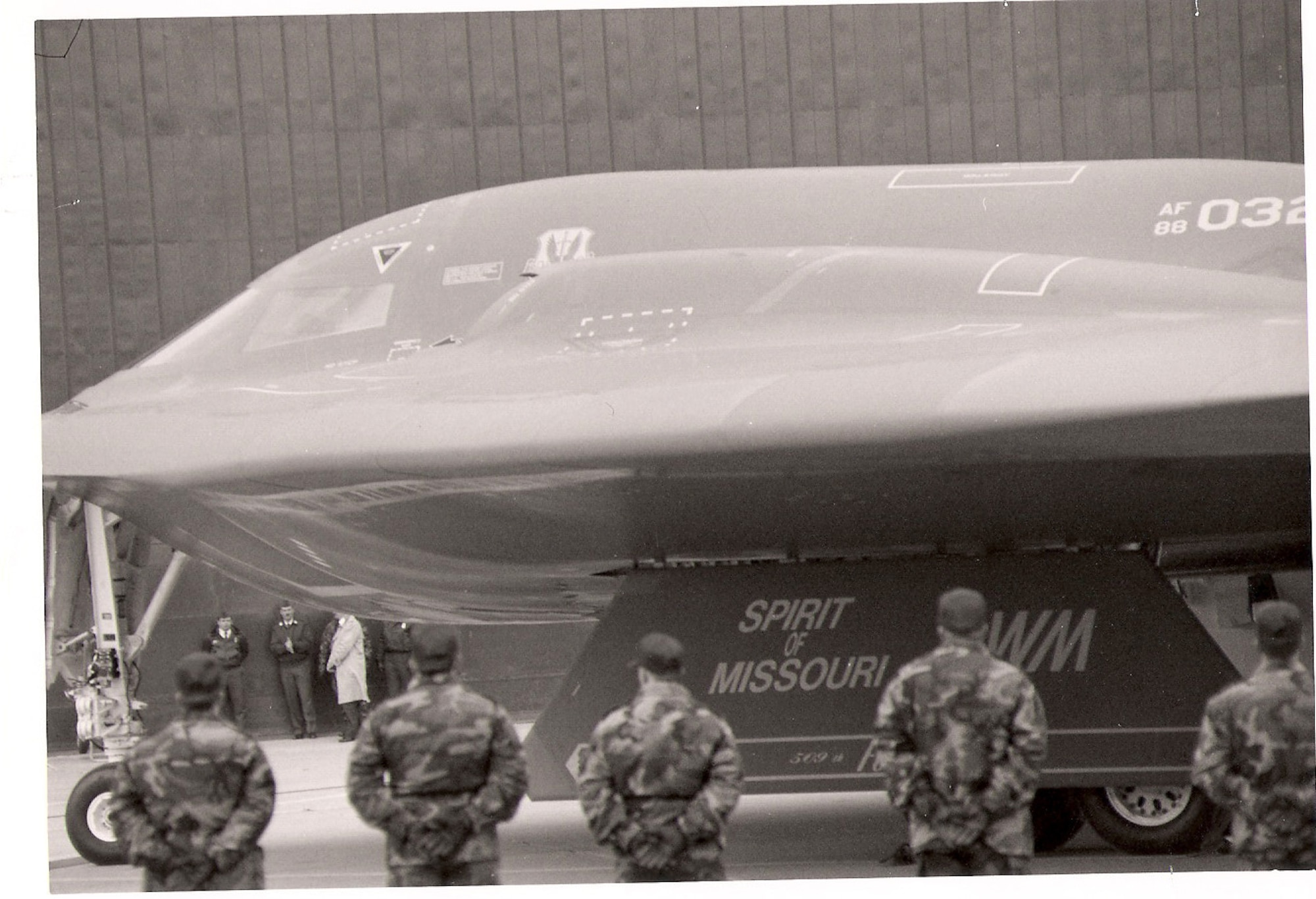The "Spirit of Missouri" taxis down the Whiteman Air Force Base flightline for the first time upon its arrive here, Dec. 17, 1993. (U.S. Air Force photo)