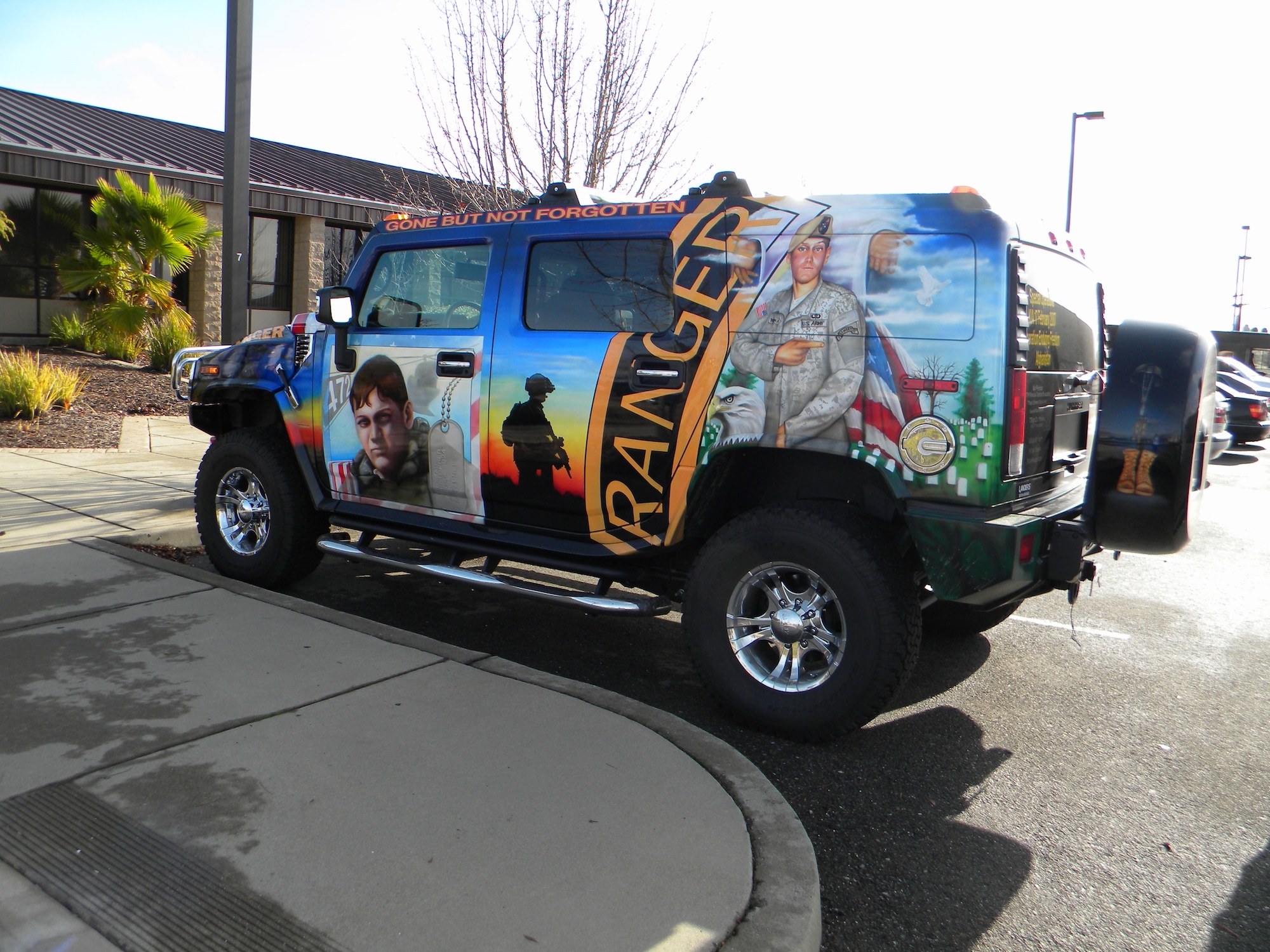 The Humvee was painted by a California artist in honor of Army Ranger Kristofer Thomas and the men who died with him in Afghanistan, February 17, 2007.  The artist was given creative freedom by Thomas’s mother, Deborah Getz, founder and president of the non-profit organization, Never Forget Our Fallen.  The vehicle is a tribute to all veterans past and present, according to Getz.