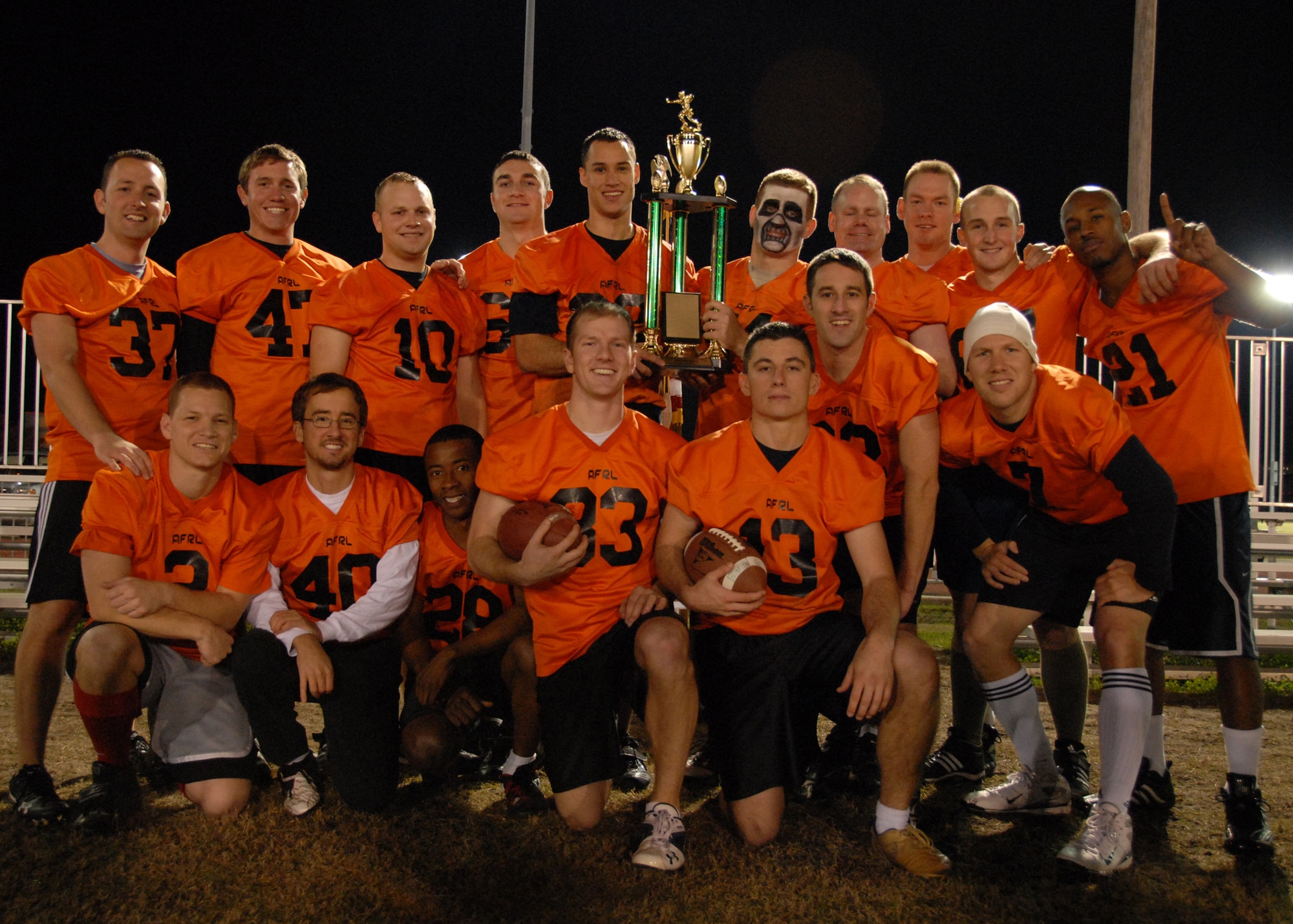The Air Force Research Lab won the base intramural championship game Dec. 16.   AFRL won the game easily 26-6 against the 53rd Wing with sharp passing and a frustrating blitz defense.  The AFRL team only had one loss all season.  (Air Force photo/Samuel King Jr.)