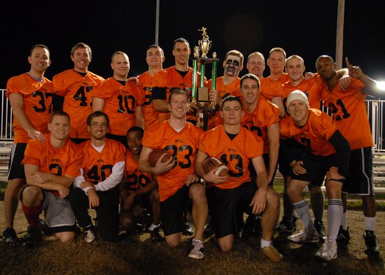 The Air Force Research Lab won the base intramural championship game Dec. 16.   AFRL won the game easily 26-6 against the 53rd Wing with sharp passing and a frustrating blitz defense.  The AFRL team only had one loss all season.  (Air Force photo/Samuel King Jr.)